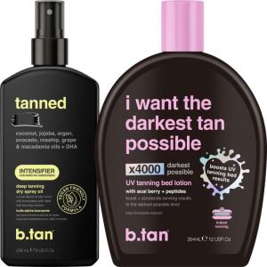 imagebtan Tanning Oil ampamp UV Tan Bed Lotion Kit  Best Dark Sun Tanner Bundle  Fast Tinted Indoor Outdoor Browning Accelerator Cream ampamp Dark Bronzing Spray Body Tan Extender No Suntan Protection