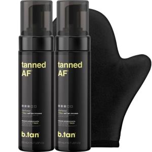 imagebtan Dark Self Tanner Kit  Anytime Glow Getter Bundle  2 Pack of Tanned AF Sunless Tanning Mousse with Mitt Applicator Glove 1 Hour Express Foam Fast Bronze for Face ampamp Body No Fake Tan Smell